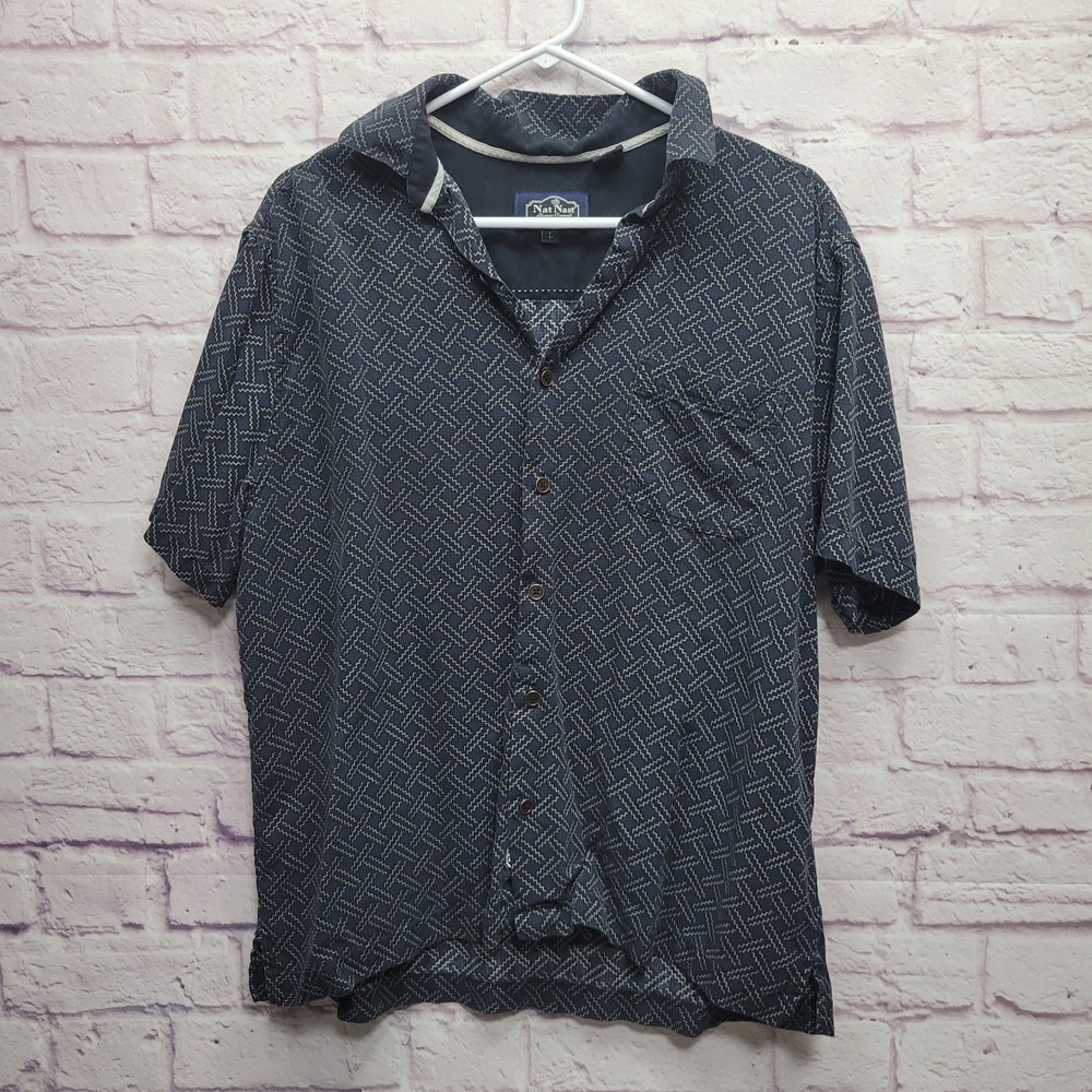 Nat Nast Washable Silk Button Shirt Size L Boxy Navy Blue Pattern Short Sleeve